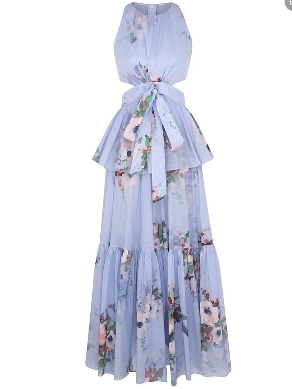 Zimmermann Lavender Floral Halter Dress with Green Accents